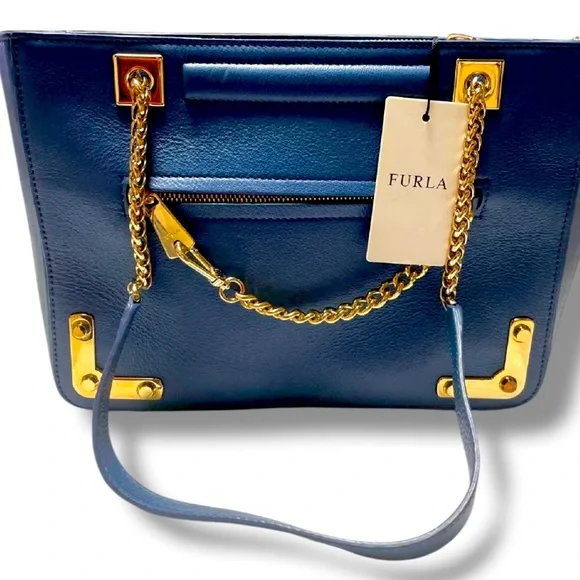 Furla Blue Leather Chain Tote Shoulder Bag with Gold Hardware - Picture 2 of 11